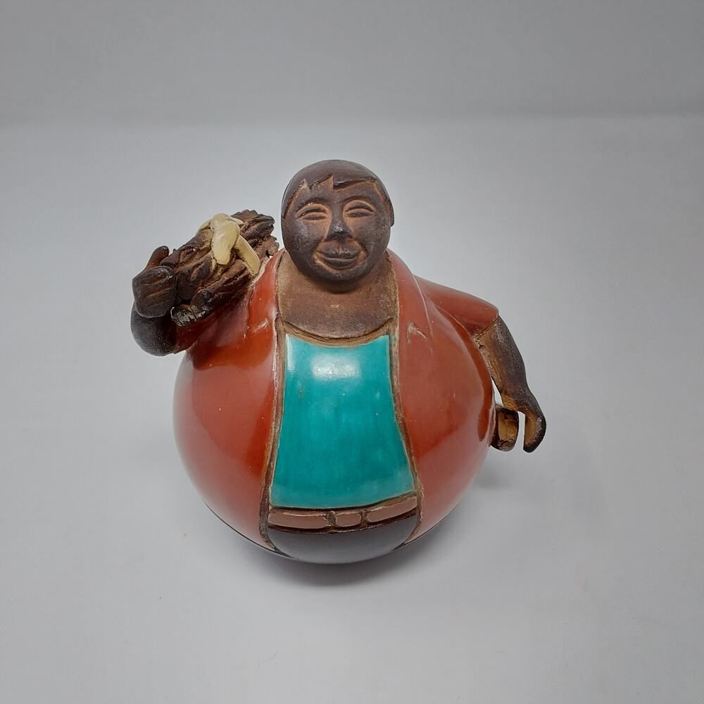 Vintage Chulucanas Peru Folk Art Man Carrying Wood Figurine Pottery Signed READ